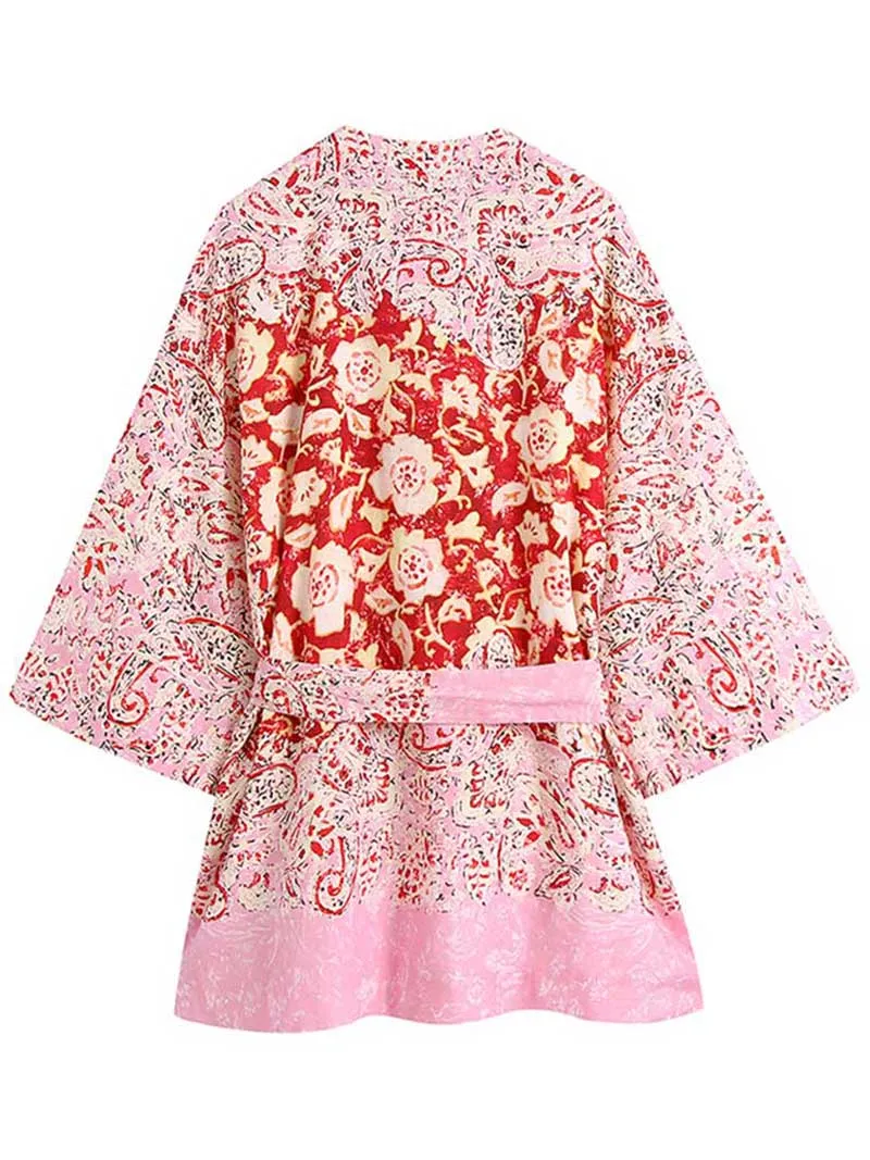 Short Length Polyester Floral Print Pink Color Gown Kimono Duster Robe