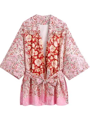 Short Length Polyester Floral Print Pink Color Gown Kimono Duster Robe