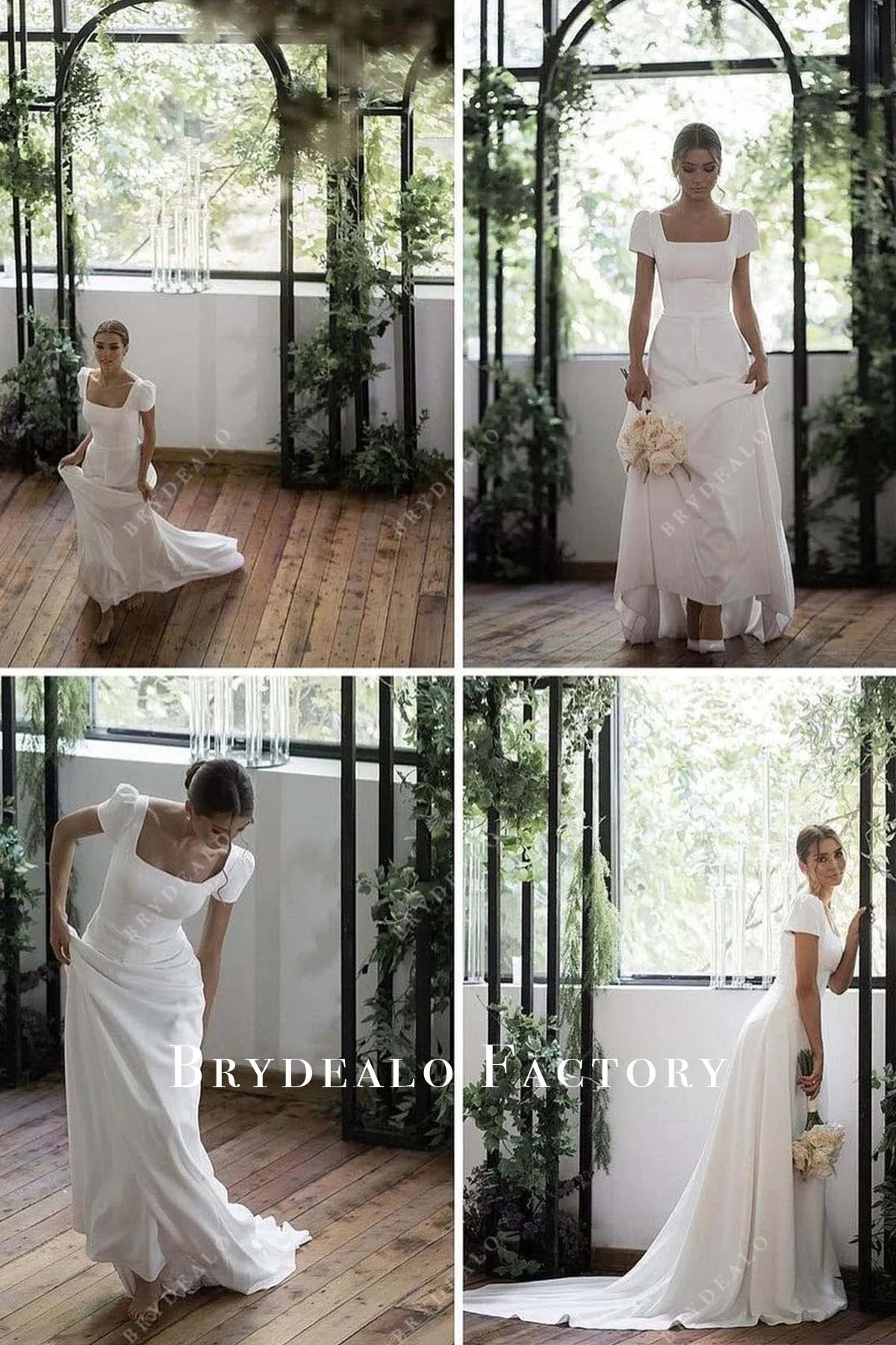 Square Neck White Puffy Sleeves Court Train Bridal Dress