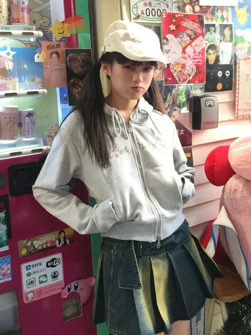TAVIMART  -  Coats Women American Vintage Y2k Long Sleeve Jackets Gray Letter Diamond High Waist Short Hooded Sweatshirts Preppy Style