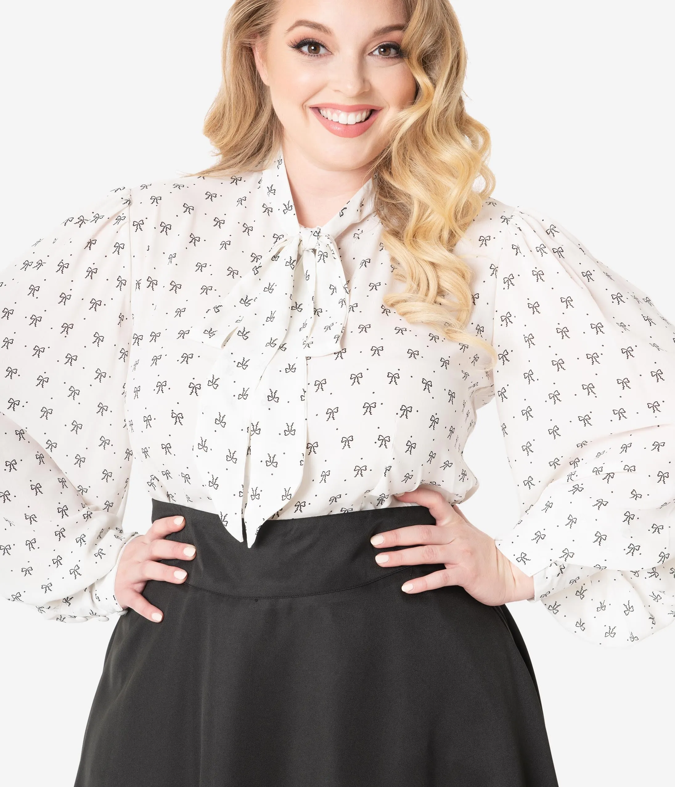 Unique Vintage Plus Size White & Black Bow Print Gwen Blouse