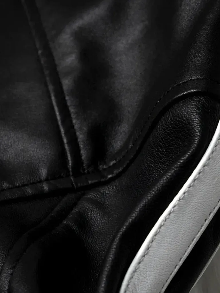 White Stripes Black Biker Leather Jacket