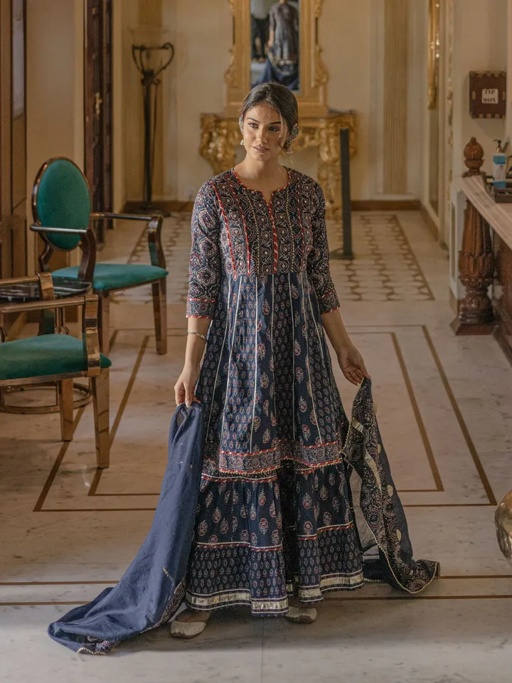 Women Indigo Cotton Short Kurti Sharara Set With Dupatta