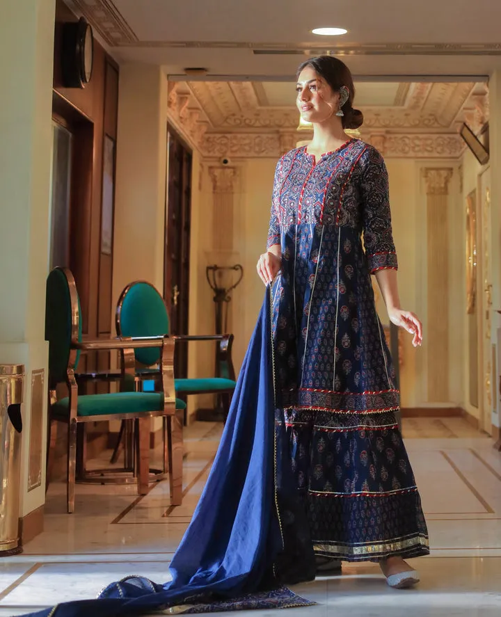 Women Indigo Cotton Short Kurti Sharara Set With Dupatta