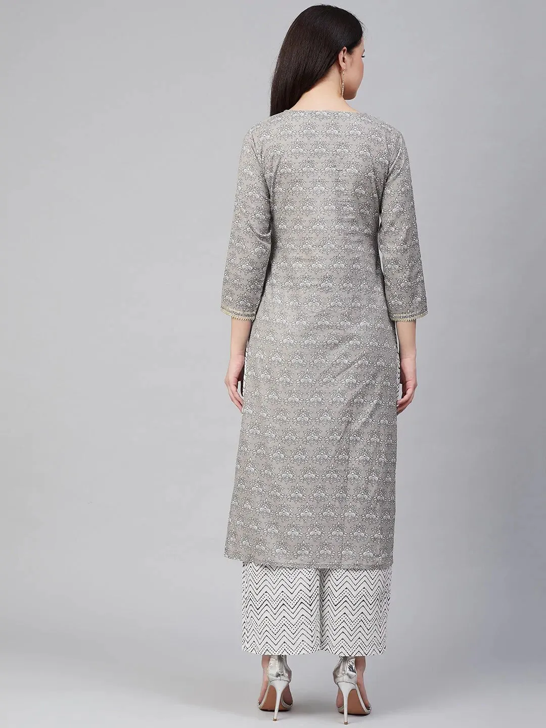 Women'S Grey & White Printed Kurta With Palazzos