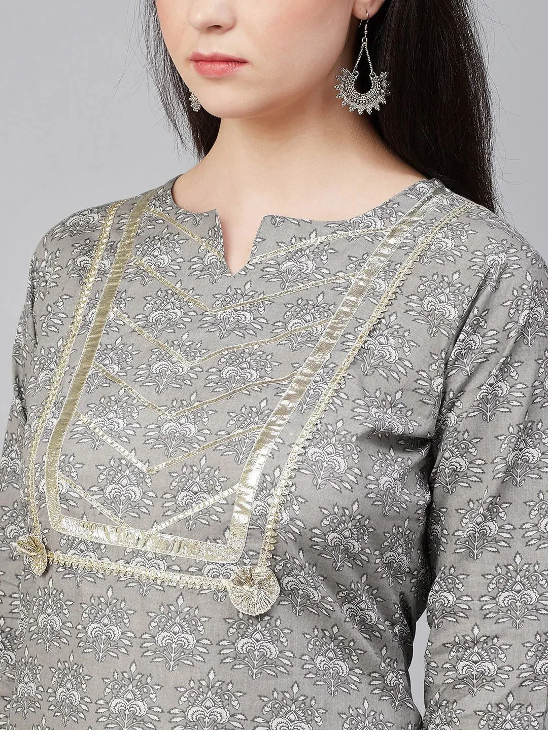 Women'S Grey & White Printed Kurta With Palazzos