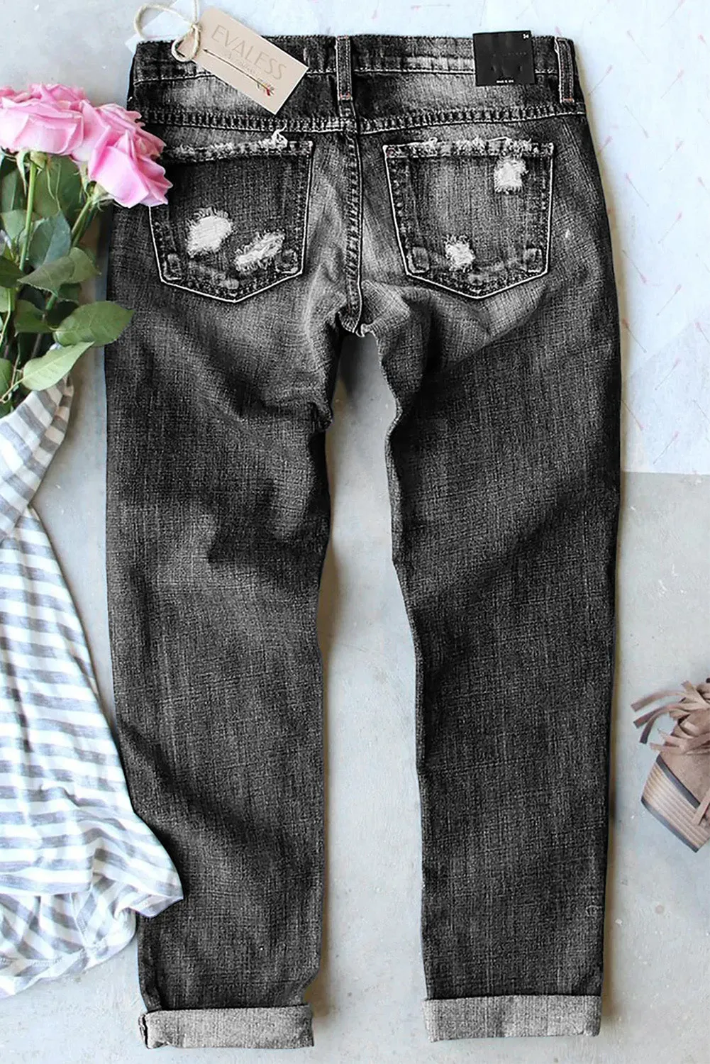 Womens Ripped Jeans American Flag Patch Boyfriend Denim Pants