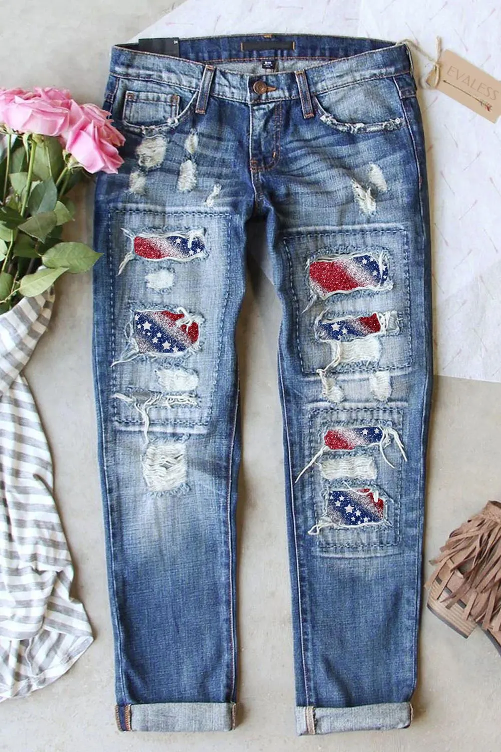 Womens Ripped Jeans American Flag Patch Boyfriend Denim Pants